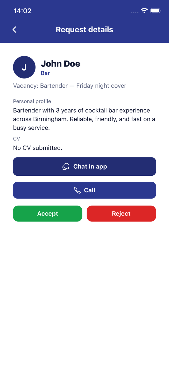 Venue side: reviewing an applicant with accept and reject buttons