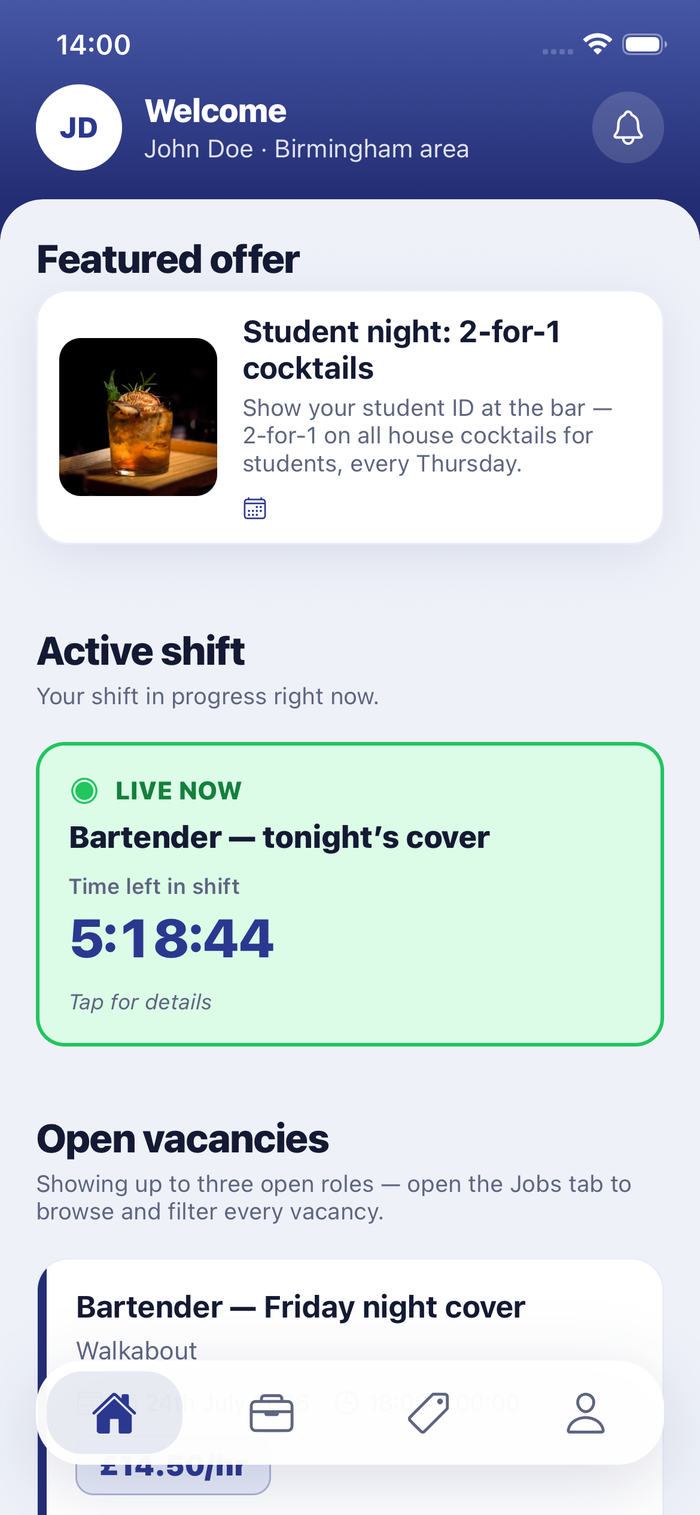 Worker home: featured offer, live shift countdown, and open vacancies