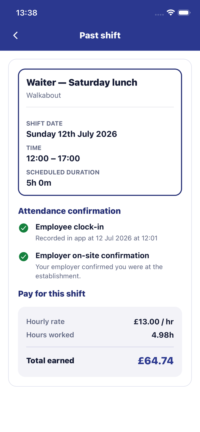 Profile with application statuses and past shift pay