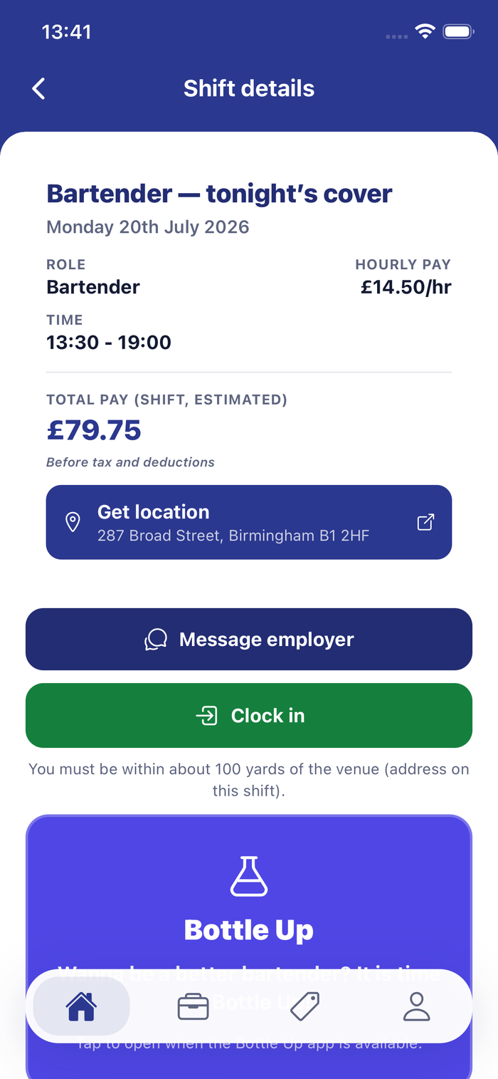 Shift details: estimated pay, venue location, and GPS clock-in